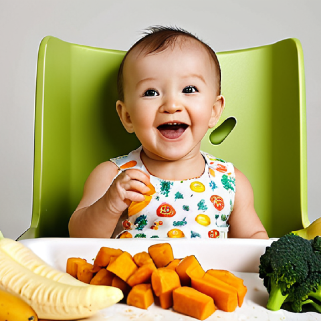 **A baby happily exploring soft, colorful food pieces on a high chair, surrounded by a few scattered bits of food. Focus on the baby's joyful expression and the textures of the steamed vegetables (carrots, sweet potato, broccoli) and fruit (banana, mango).**