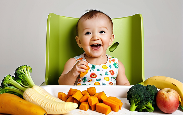 **A baby happily exploring soft, colorful food pieces on a high chair, surrounded by a few scattered bits of food. Focus on the baby's joyful expression and the textures of the steamed vegetables (carrots, sweet potato, broccoli) and fruit (banana, mango).**