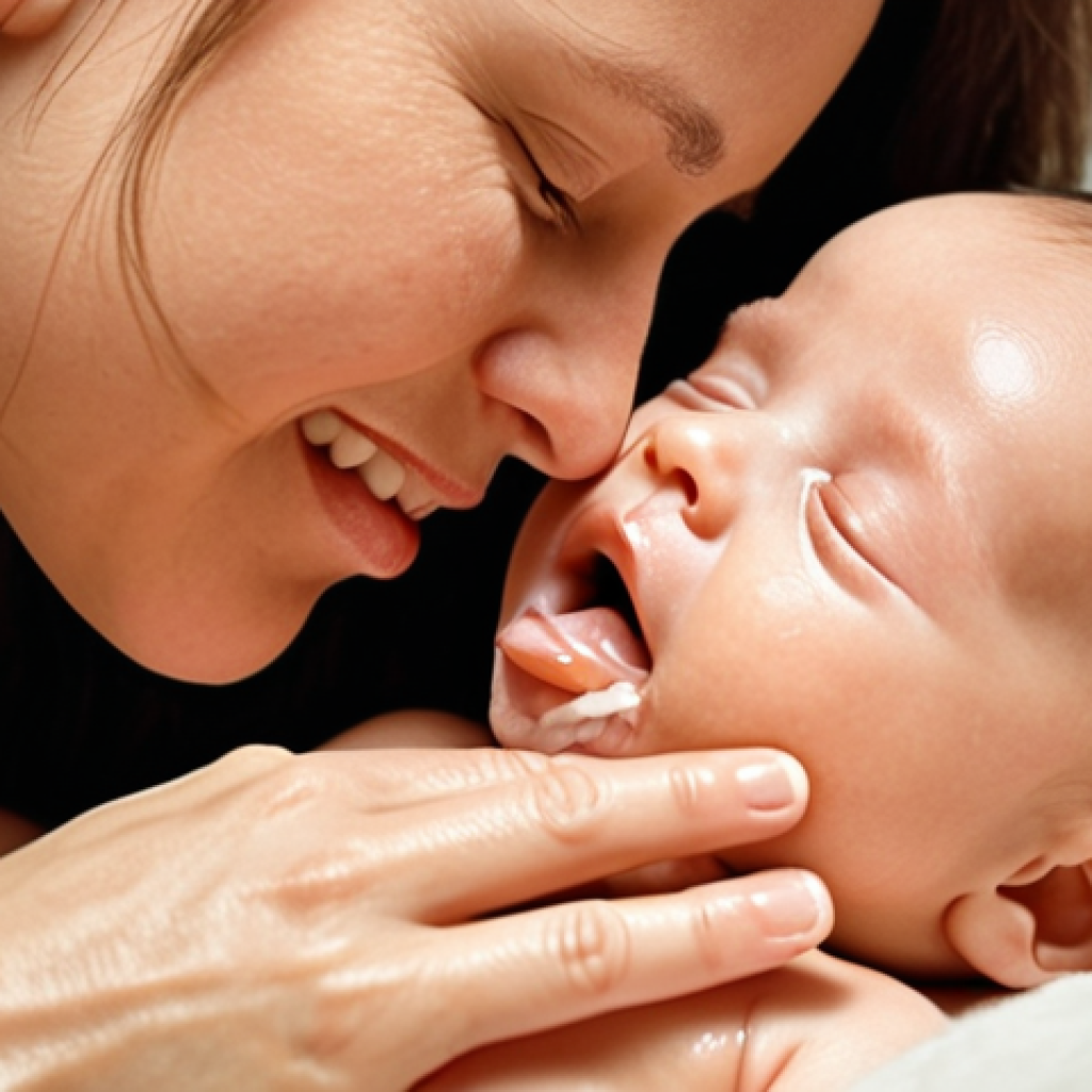 **

A newborn baby lying down. A mother gently cleaning the baby's gums with a soft gauze pad and warm water. Focus on the baby's face and the mother's gentle touch. Soft, warm lighting.

**