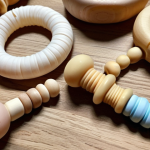 **

A variety of baby teethers made of different materials (silicone, natural rubber, wood) displayed neatly, emphasizing safety and hygiene.

**