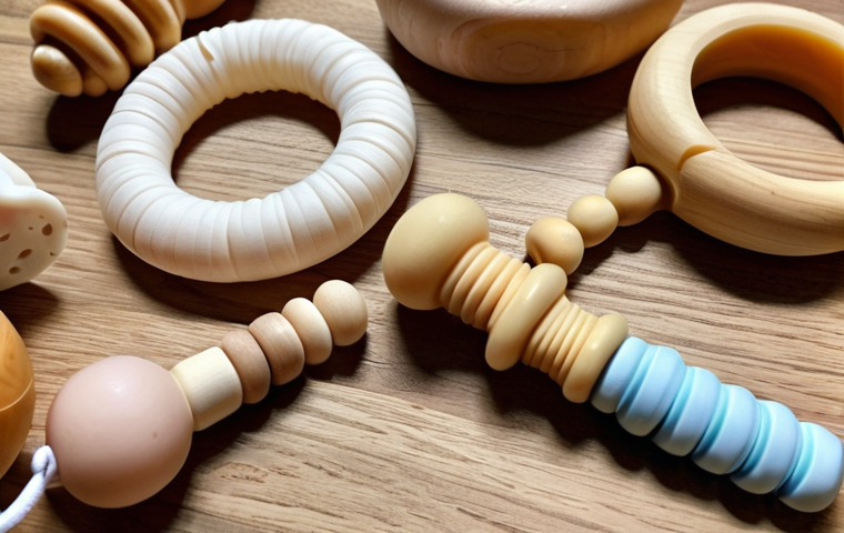 **
A variety of baby teethers made of different materials (silicone, natural rubber, wood) displayed neatly, emphasizing safety and hygiene.
**