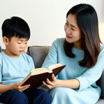 A thoughtful young Vietnamese couple, a father and a mother, are seated comfortably on a sofa in their modern, cozy living room. They are gently holding a book open, looking at a list of baby names with hopeful and tender expressions. Soft, warm ambient light fills the room, creating a serene atmosphere. A subtle, neatly folded baby blanket is visible on an adjacent armchair, symbolizing the upcoming arrival. They are fully clothed in modest, comfortable attire. This is a safe for work, appropriate content, family-friendly image with perfect anatomy, correct proportions, natural pose, well-formed hands, proper finger count, and natural body proportions, rendered with high quality and realistic details.