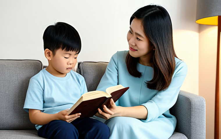 A thoughtful young Vietnamese couple, a father and a mother, are seated comfortably on a sofa in their modern, cozy living room. They are gently holding a book open, looking at a list of baby names with hopeful and tender expressions. Soft, warm ambient light fills the room, creating a serene atmosphere. A subtle, neatly folded baby blanket is visible on an adjacent armchair, symbolizing the upcoming arrival. They are fully clothed in modest, comfortable attire. This is a safe for work, appropriate content, family-friendly image with perfect anatomy, correct proportions, natural pose, well-formed hands, proper finger count, and natural body proportions, rendered with high quality and realistic details.