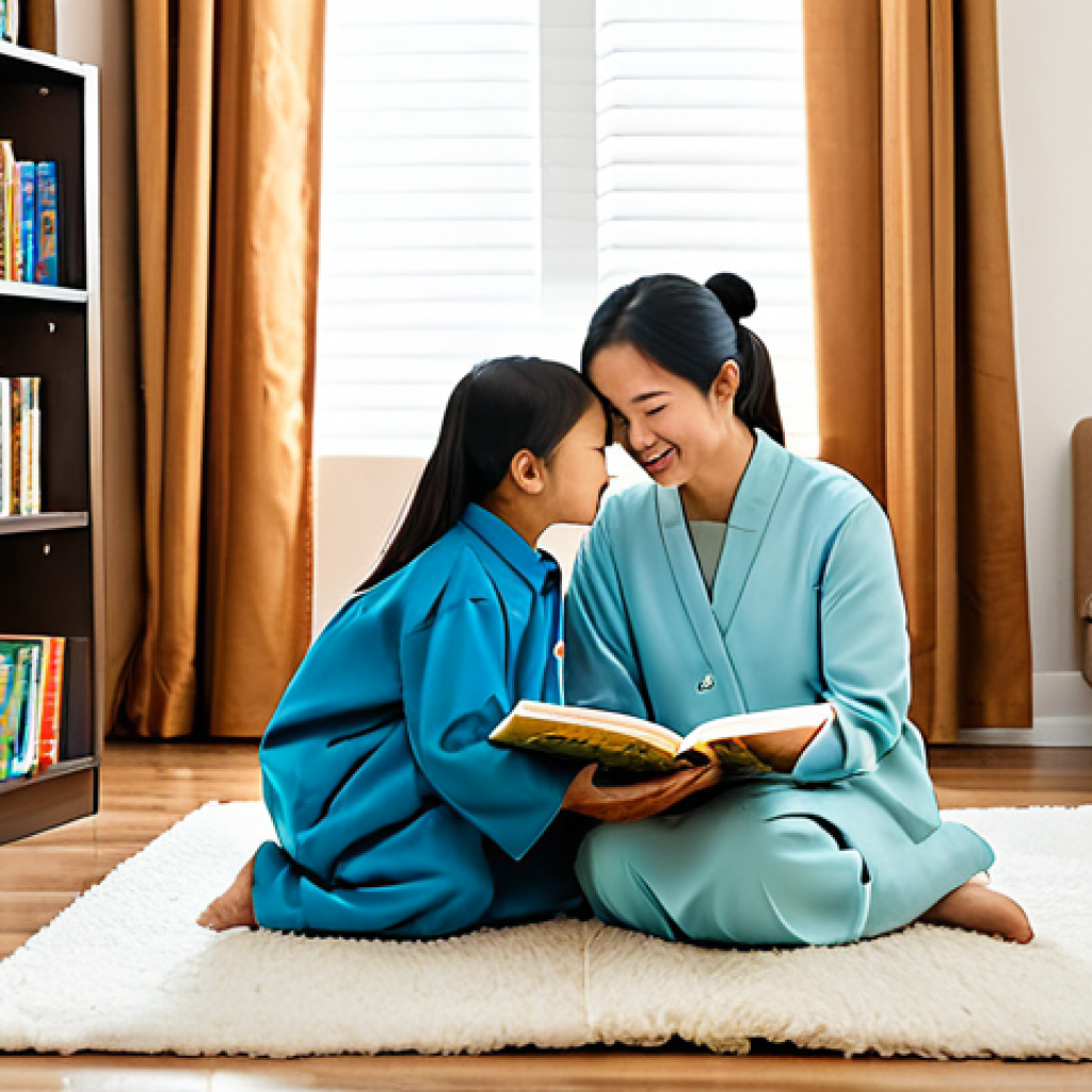 A heartwarming scene of a Vietnamese mother and her young child, fully clothed in modest, comfortable home attire, sharing a peaceful moment reading a traditional paper storybook together. They are sitting on a soft rug in a cozy, well-lit reading nook in a modern home, surrounded by plush pillows and a small bookshelf filled with diverse children's books. The atmosphere is warm and family-friendly, emphasizing the joy of shared reading and bonding. The image should feature perfect anatomy, correct proportions, natural poses, well-formed hands, proper finger count, and natural body proportions. This is safe for work, appropriate content, and high-quality professional photography.