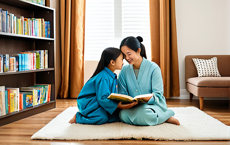 A heartwarming scene of a Vietnamese mother and her young child, fully clothed in modest, comfortable home attire, sharing a peaceful moment reading a traditional paper storybook together. They are sitting on a soft rug in a cozy, well-lit reading nook in a modern home, surrounded by plush pillows and a small bookshelf filled with diverse children's books. The atmosphere is warm and family-friendly, emphasizing the joy of shared reading and bonding. The image should feature perfect anatomy, correct proportions, natural poses, well-formed hands, proper finger count, and natural body proportions. This is safe for work, appropriate content, and high-quality professional photography.