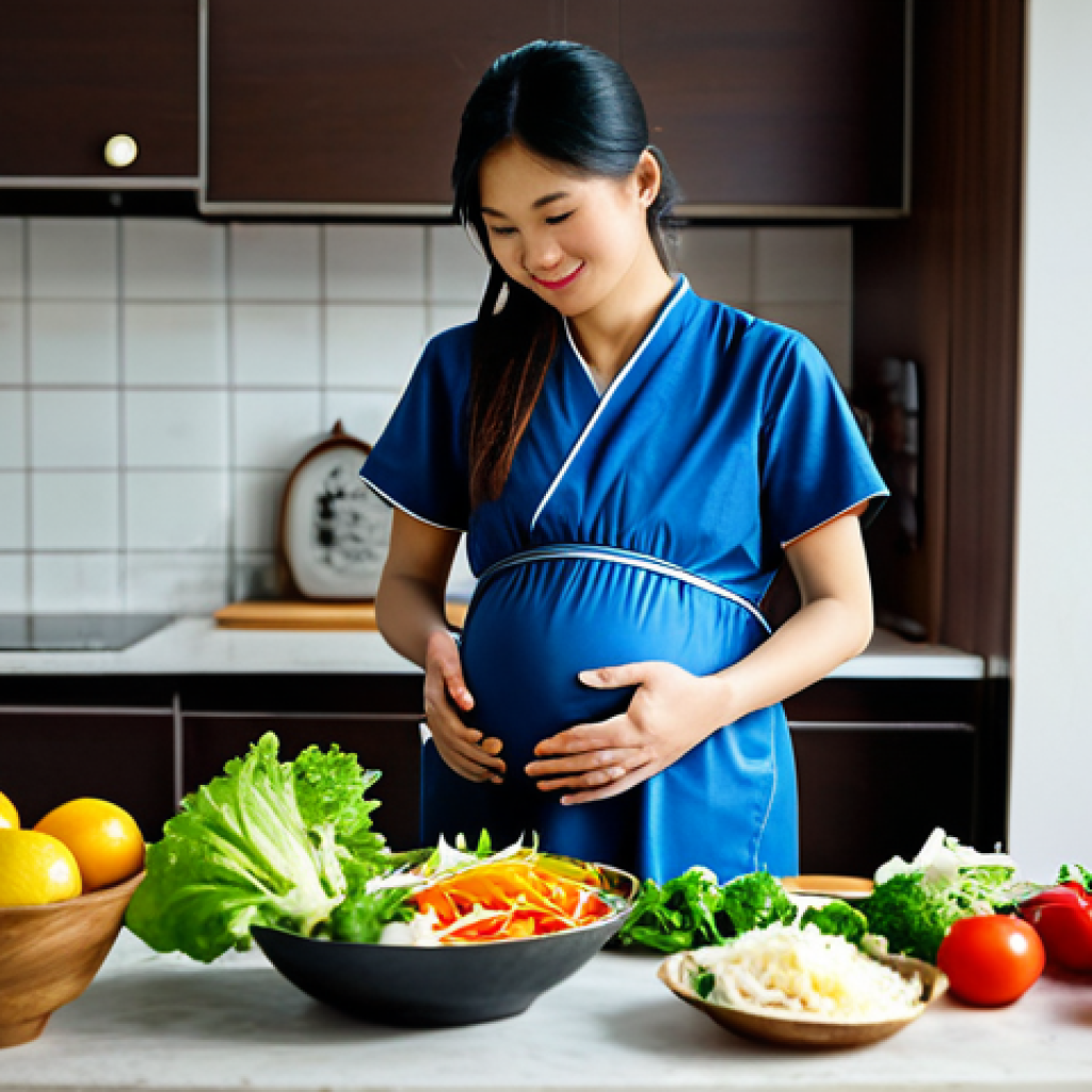 A Pregnant Woman Preparing a Healthy Meal**

"A Vietnamese pregnant woman in her kitchen, fully clothed in modest home attire, preparing a colorful salad with various fresh vegetables and fruits. The kitchen is bright and clean. Safe for work, appropriate content, family-friendly, perfect anatomy, natural proportions, professional food photography, high quality."

**