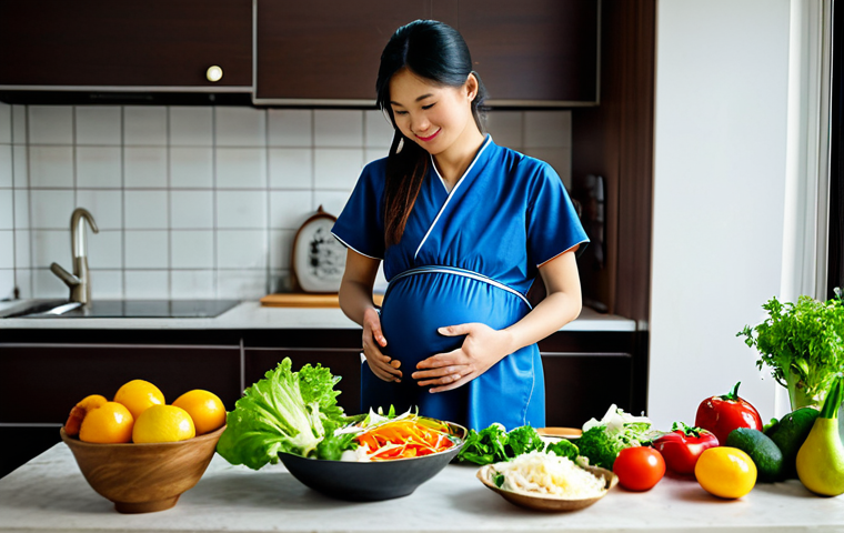A Pregnant Woman Preparing a Healthy Meal**

"A Vietnamese pregnant woman in her kitchen, fully clothed in modest home attire, preparing a colorful salad with various fresh vegetables and fruits. The kitchen is bright and clean. Safe for work, appropriate content, family-friendly, perfect anatomy, natural proportions, professional food photography, high quality."

**
