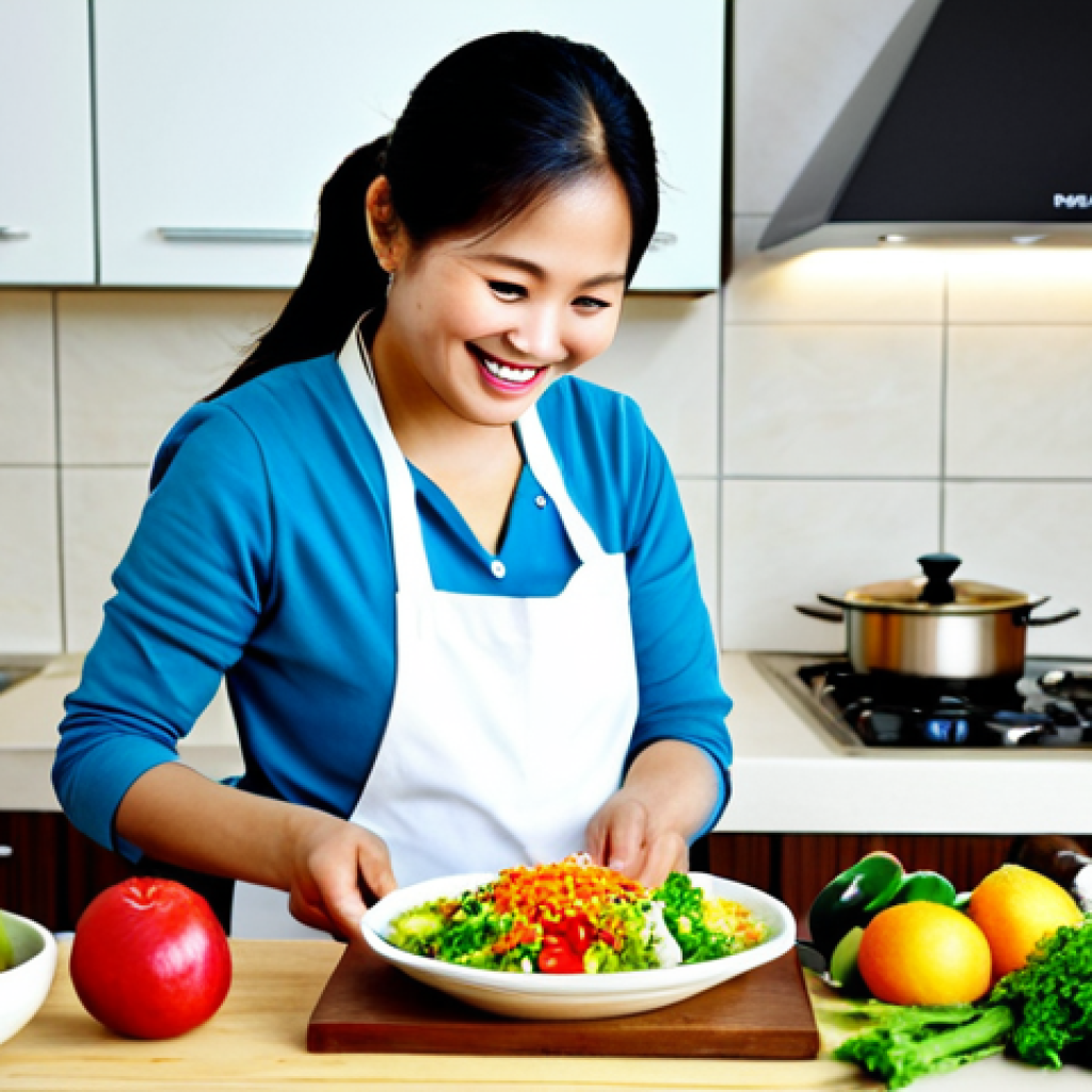 **

"A Vietnamese mother lovingly preparing a colorful and nutritious meal for her young child, showcasing fresh fruits, vegetables, and lean proteins. Kitchen setting with a warm, inviting atmosphere. The child is fully clothed in modest clothing, smiling and engaged with the food. Safe for work, appropriate content, family-friendly, fully clothed, perfect anatomy, natural proportions, professional food photography, high quality."

**