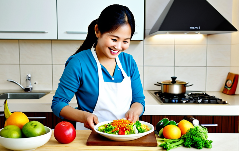 **

"A Vietnamese mother lovingly preparing a colorful and nutritious meal for her young child, showcasing fresh fruits, vegetables, and lean proteins. Kitchen setting with a warm, inviting atmosphere. The child is fully clothed in modest clothing, smiling and engaged with the food. Safe for work, appropriate content, family-friendly, fully clothed, perfect anatomy, natural proportions, professional food photography, high quality."

**