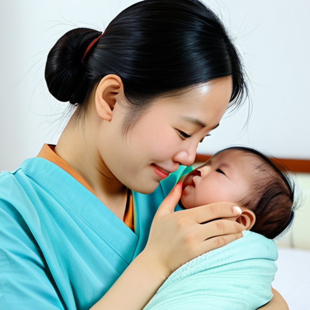 Checking Baby's Temperature**

A Vietnamese mother, fully clothed in modest, comfortable clothing, gently touching her baby's forehead. The baby is wrapped in a soft, pastel-colored blanket. The background is a brightly lit, clean bedroom. Safe for work, appropriate content, professional, perfect anatomy, natural proportions, family-friendly. Focus on the loving interaction.

**