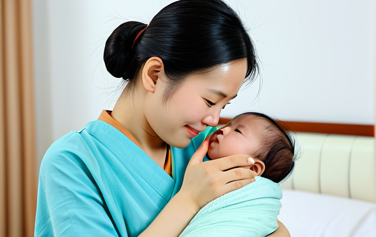 Checking Baby's Temperature**

A Vietnamese mother, fully clothed in modest, comfortable clothing, gently touching her baby's forehead. The baby is wrapped in a soft, pastel-colored blanket. The background is a brightly lit, clean bedroom. Safe for work, appropriate content, professional, perfect anatomy, natural proportions, family-friendly. Focus on the loving interaction.

**