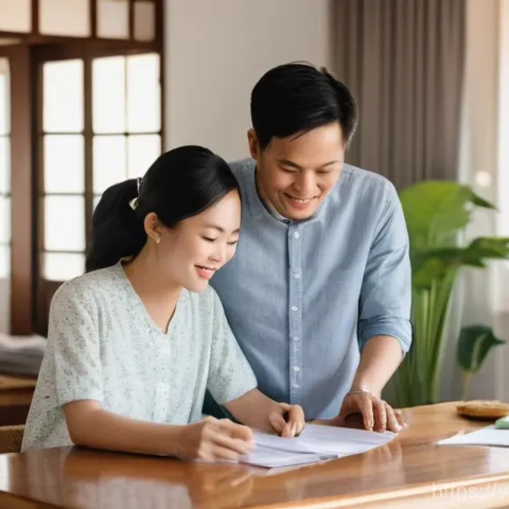 아기 출생신고 절차 - **A joyful Vietnamese couple at home preparing documents for their newborn's birth registration.**
 ...