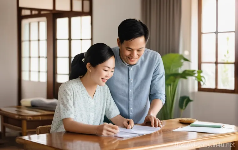 아기 출생신고 절차 - **A joyful Vietnamese couple at home preparing documents for their newborn's birth registration.**
 ...