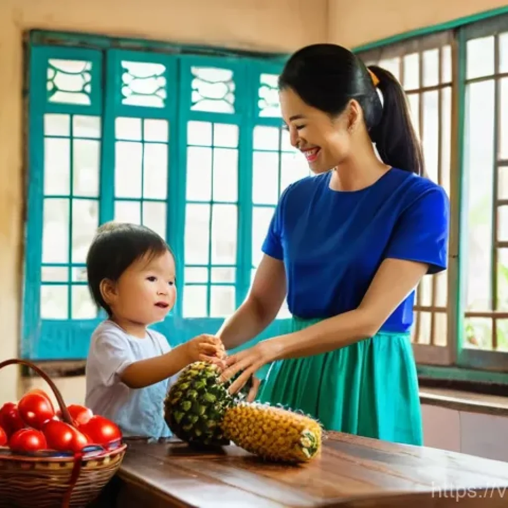아기 한글 배우기 놀이 - **Prompt:** A vibrant, cheerful scene inside a traditional Vietnamese home kitchen. A loving Vietnam...