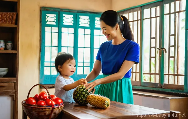 아기 한글 배우기 놀이 - **Prompt:** A vibrant, cheerful scene inside a traditional Vietnamese home kitchen. A loving Vietnam...