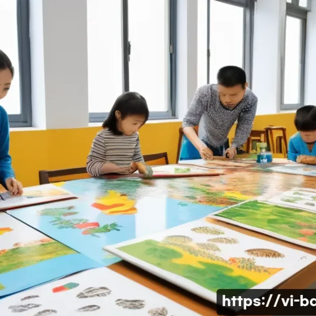 아이와 미술관 나들이 - A lively museum scene in Vietnam featuring young children, around 5 years old, wearing colorful casu...