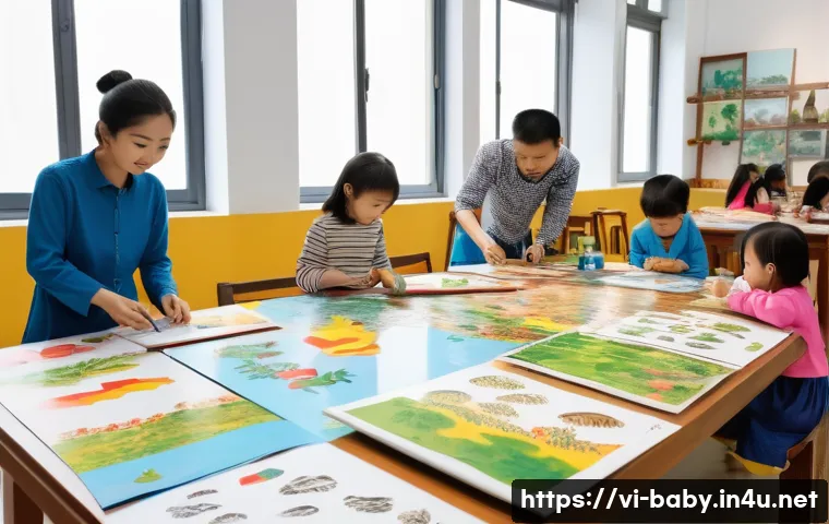 아이와 미술관 나들이 - A lively museum scene in Vietnam featuring young children, around 5 years old, wearing colorful casu...