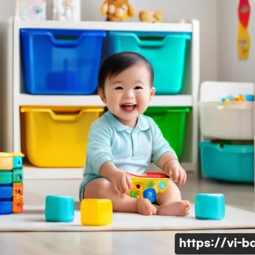 아기 정리정돈 습관 - A bright and cheerful Vietnamese toddler wearing a colorful diaper, happily playing a tidy-up game i...