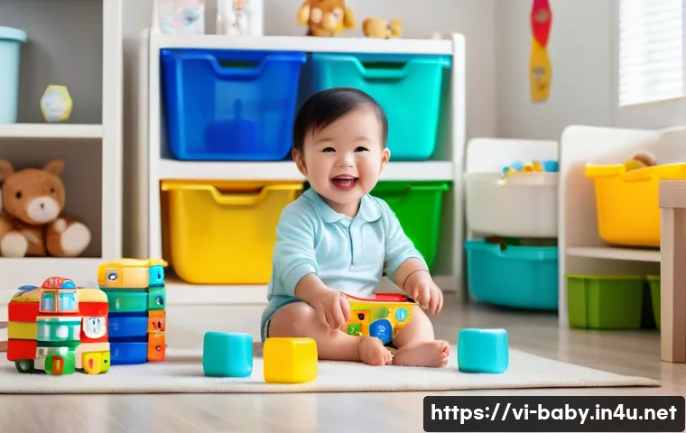 아기 정리정돈 습관 - A bright and cheerful Vietnamese toddler wearing a colorful diaper, happily playing a tidy-up game i...