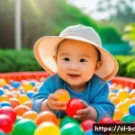 아기와 놀이공원 나들이 - A vibrant outdoor amusement park scene in Vietnam during a mild spring morning, featuring a young to...