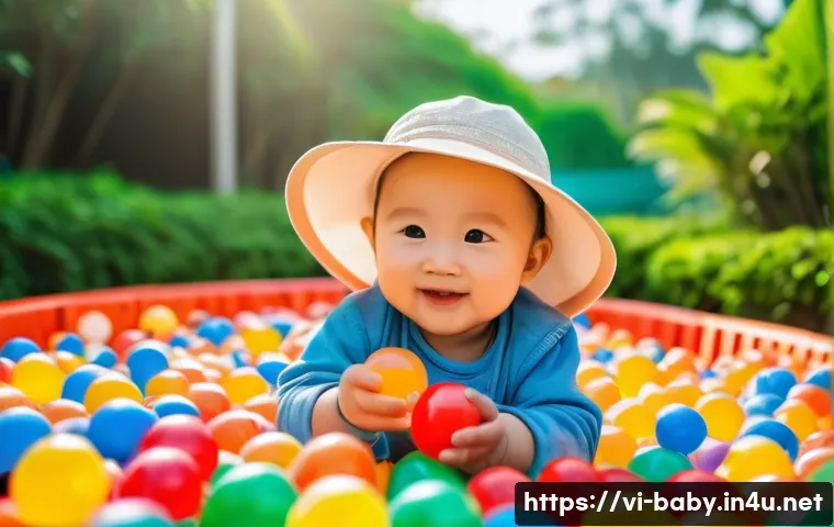 아기와 놀이공원 나들이 - A vibrant outdoor amusement park scene in Vietnam during a mild spring morning, featuring a young to...