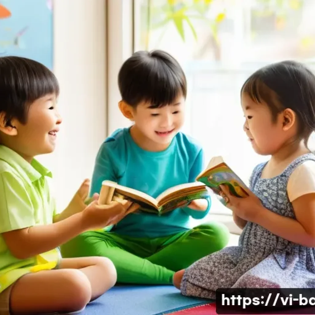 아이 기질에 따른 양육법 - A lively Vietnamese preschool classroom scene showing a diverse group of children engaging in variou...