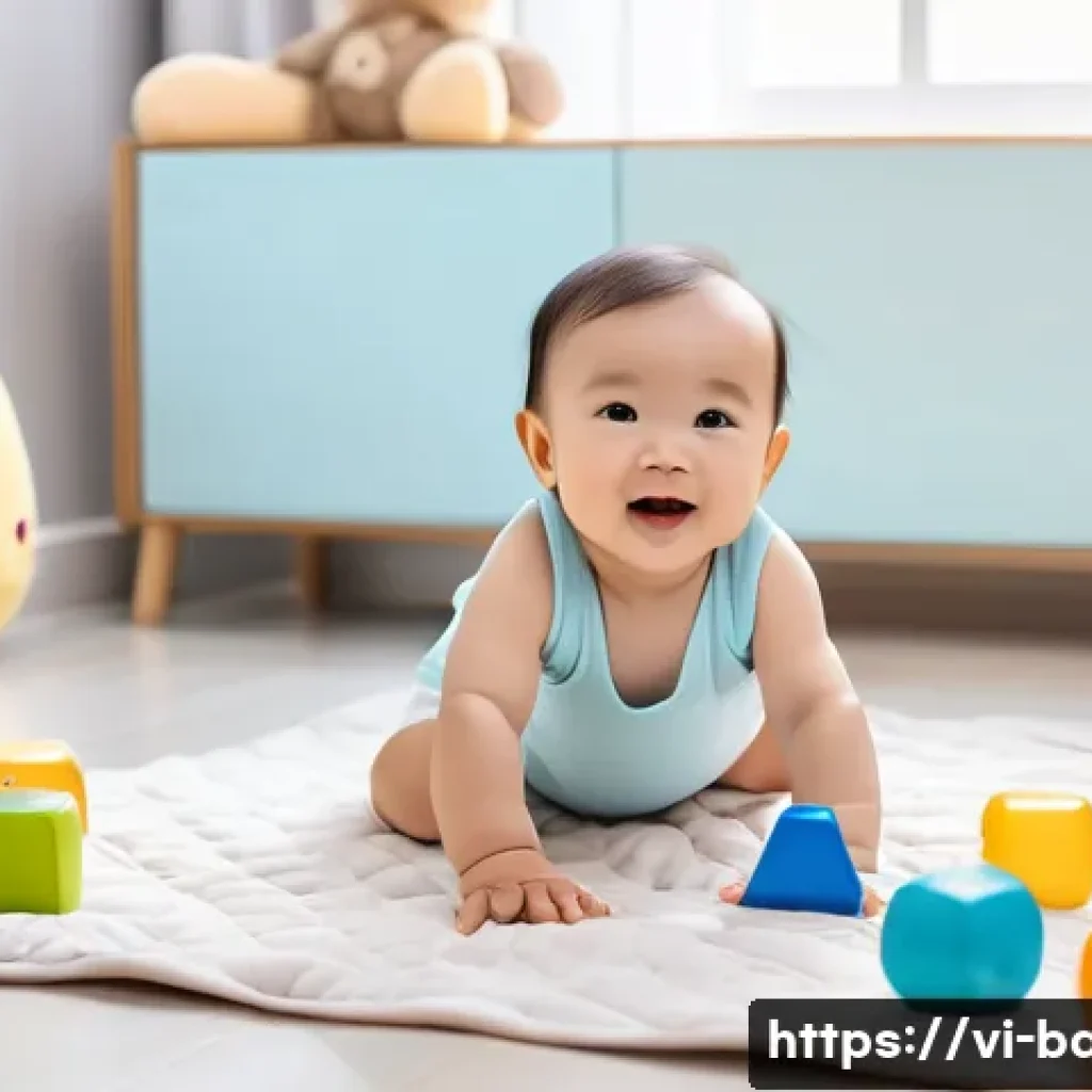 아기 손발놀이 아이디어 - A joyful Vietnamese baby wearing a colorful diaper, playing on a soft, clean play mat surrounded by ...