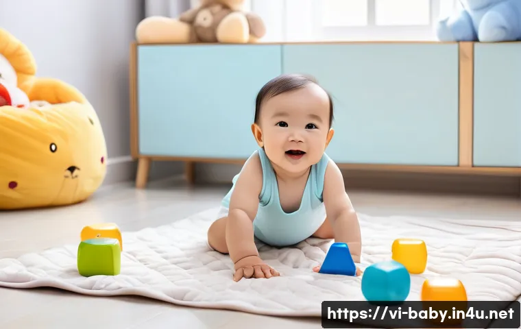아기 손발놀이 아이디어 - A joyful Vietnamese baby wearing a colorful diaper, playing on a soft, clean play mat surrounded by ...
