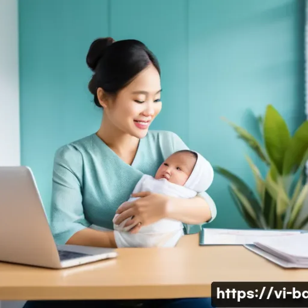 육아휴직 신청 방법 - A Vietnamese young mother wearing modest, professional attire holding her baby in a clean diaper, si...