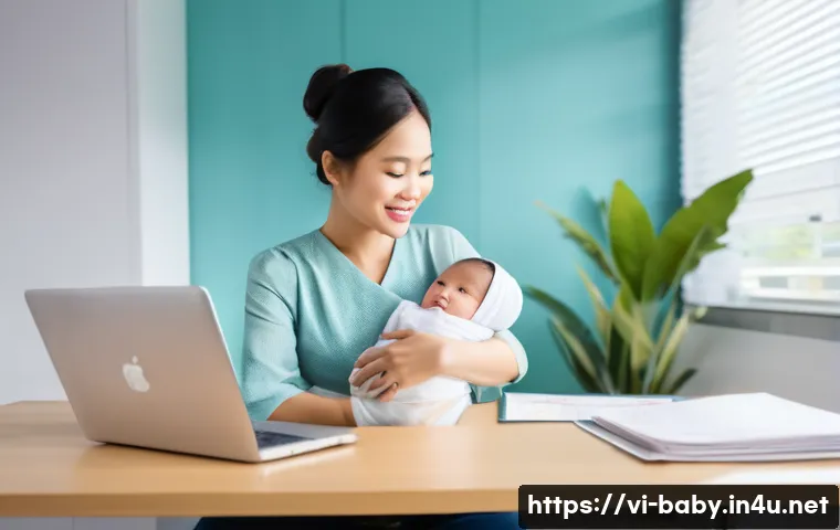 육아휴직 신청 방법 - A Vietnamese young mother wearing modest, professional attire holding her baby in a clean diaper, si...