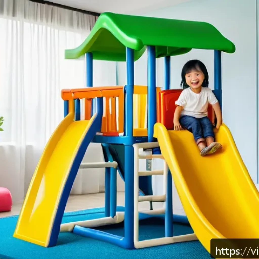 아기용 미끄럼틀 추천 - A brightly colored indoor playroom scene featuring a multi-functional children’s slide set made of s...