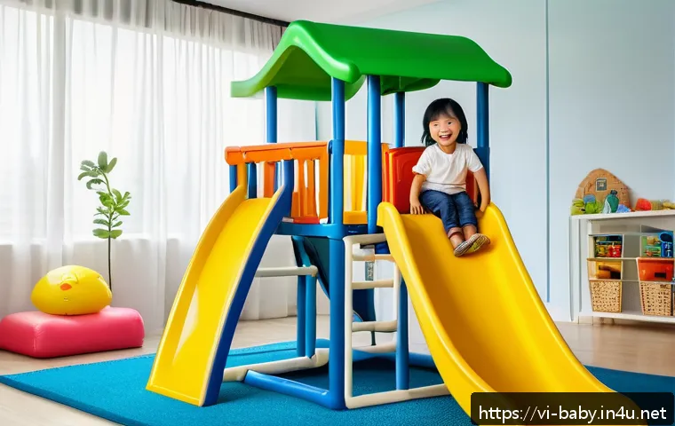 아기용 미끄럼틀 추천 - A brightly colored indoor playroom scene featuring a multi-functional children’s slide set made of s...