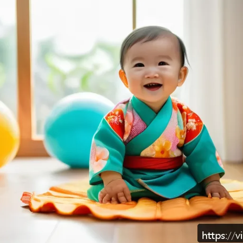 돌잔치 스냅사진 팁 - A joyful one-year-old Vietnamese baby wearing a colorful traditional Ao Dai outfit with a soft cotto...