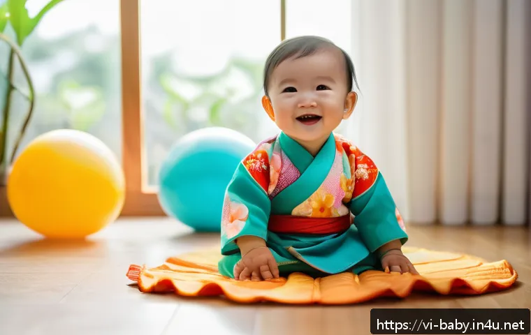 돌잔치 스냅사진 팁 - A joyful one-year-old Vietnamese baby wearing a colorful traditional Ao Dai outfit with a soft cotto...
