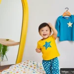 Home 19 아기와 스스로 옷 입기 - A cheerful toddler wearing a bright, colorful animal-themed t-shirt and soft elastic waist pants, st...