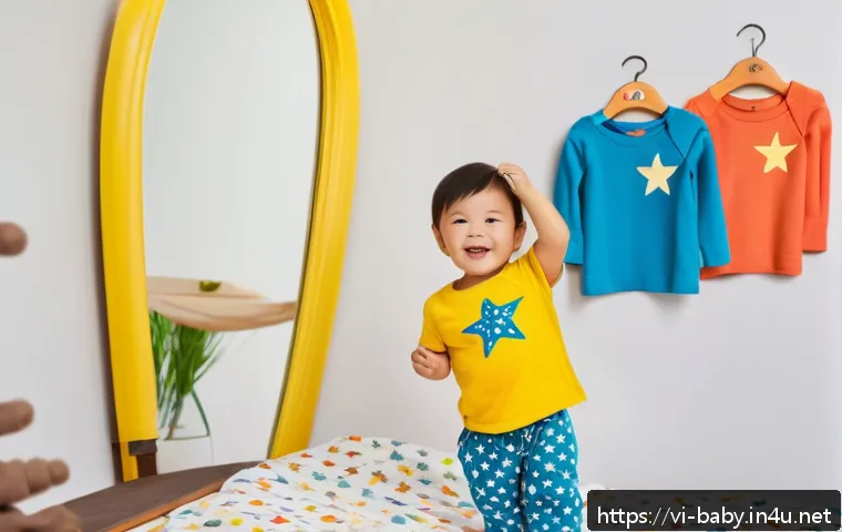 아기와 스스로 옷 입기 - A cheerful toddler wearing a bright, colorful animal-themed t-shirt and soft elastic waist pants, st...
