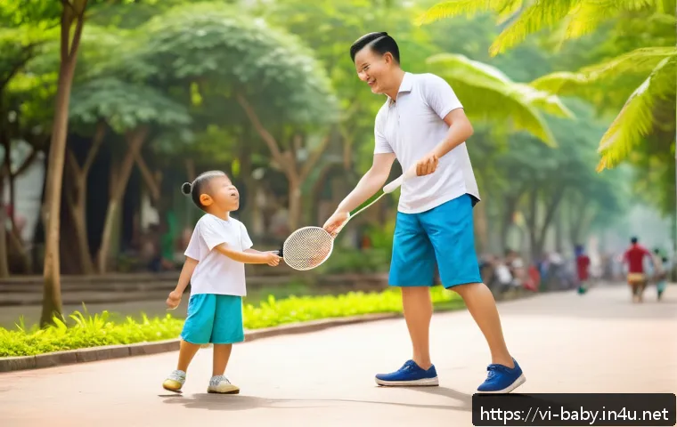아기와 아빠 육아 체험 - A warm and lively scene in a Vietnamese urban park showing a loving father and his young child playi...