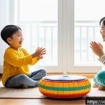 아기 리듬감 키우기 - A joyful Vietnamese family in a cozy living room setting, with a toddler wearing a colorful diaper c...
