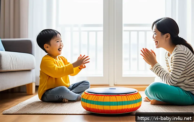 아기 리듬감 키우기 - A joyful Vietnamese family in a cozy living room setting, with a toddler wearing a colorful diaper c...