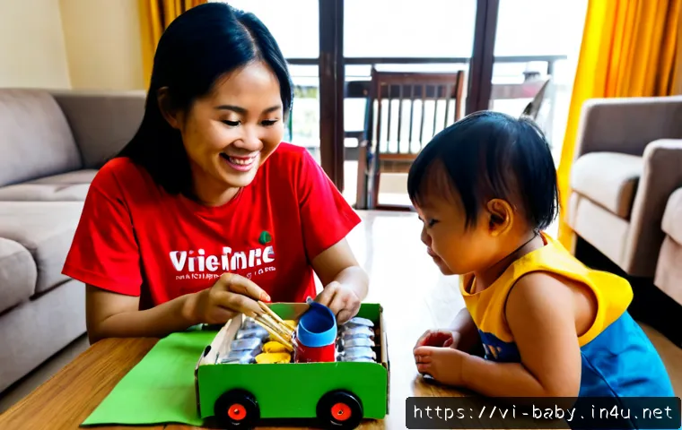 Home 17 아기 재활용 장난감 만들기 - Photorealistic Vietnamese family craft scene, parent and toddler in clean colorful clothes making a ...