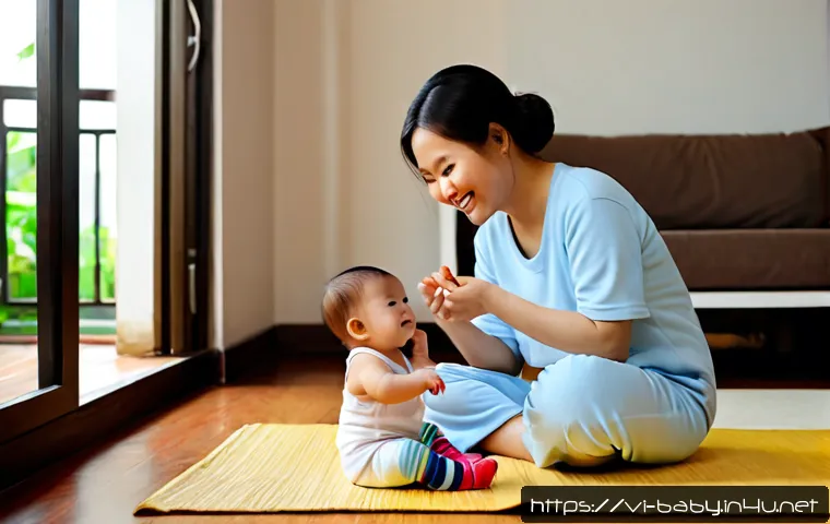 아기와 손가락 놀이 - Photorealistic Vietnamese mother and her smiling baby wearing a soft cotton onesie and diaper, sitti...