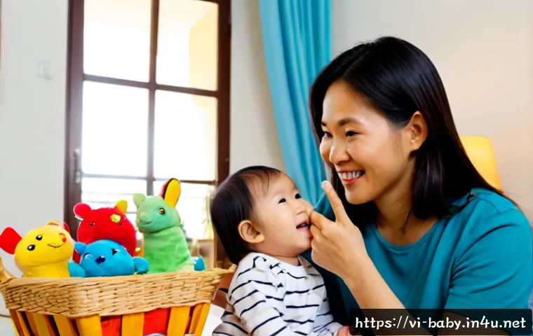 Home 17 아기 언어발달 놀이법 - Photorealistic Vietnamese mother and toddler in a bright Hanoi apartment living room, mother seated ...