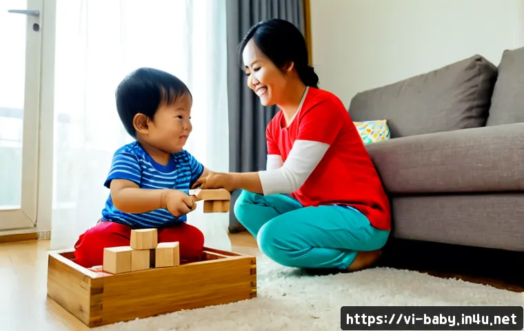 아기와 독립심 키우기 - Photorealistic Vietnamese toddler in comfortable colorful clothes independently placing wooden block...
