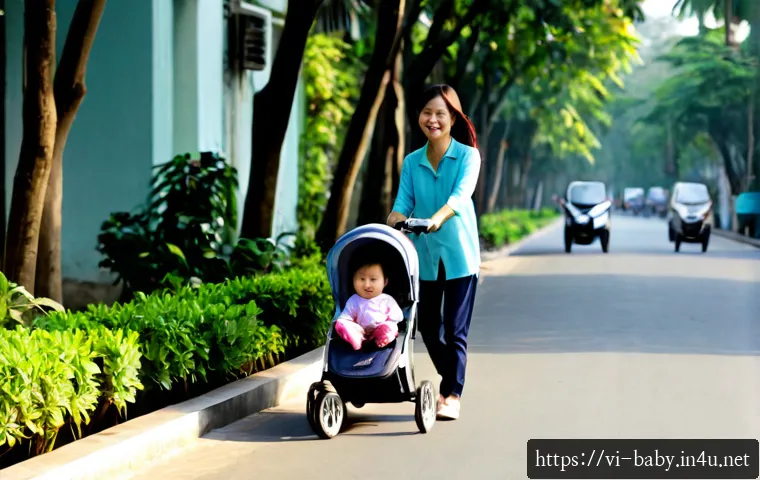 아기와 동네 산책 - Photorealistic young Vietnamese mother strolling with her smiling baby secured in a modern stroller ...